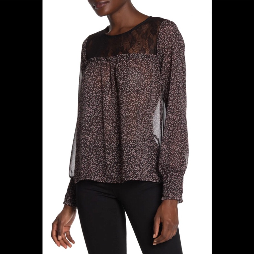 Pleione Lace Trim Chifon Blouse Floral Cherry M